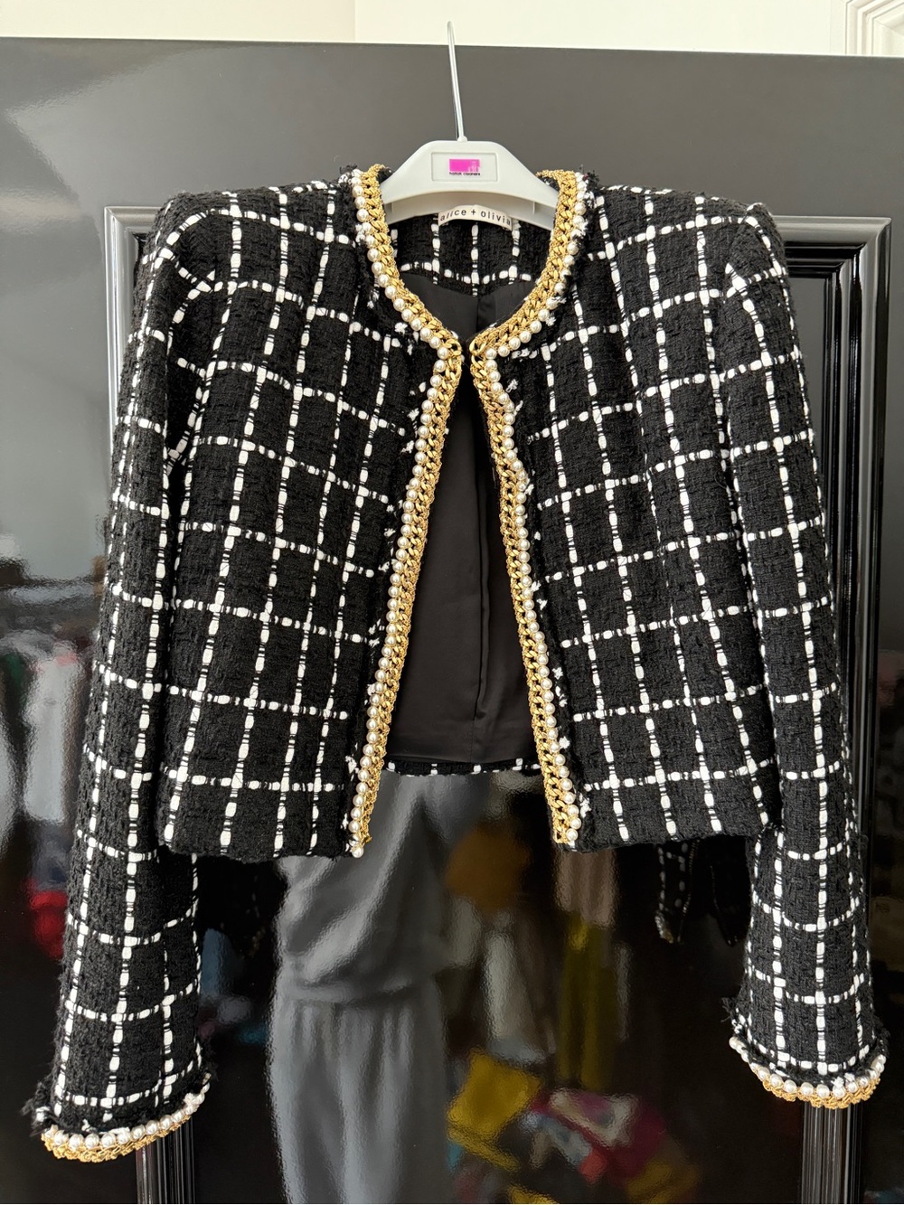Alice + Olivia Black and White Windowpane Tweed Jacket with Gold Trim